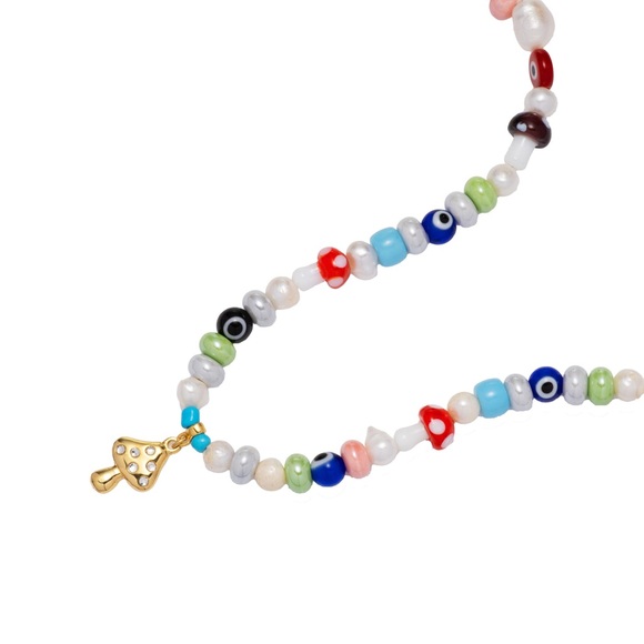 New MAYAMAR Colorful Beaded Necklace with Gold Mushroom Pendant - Picture 3 of 4